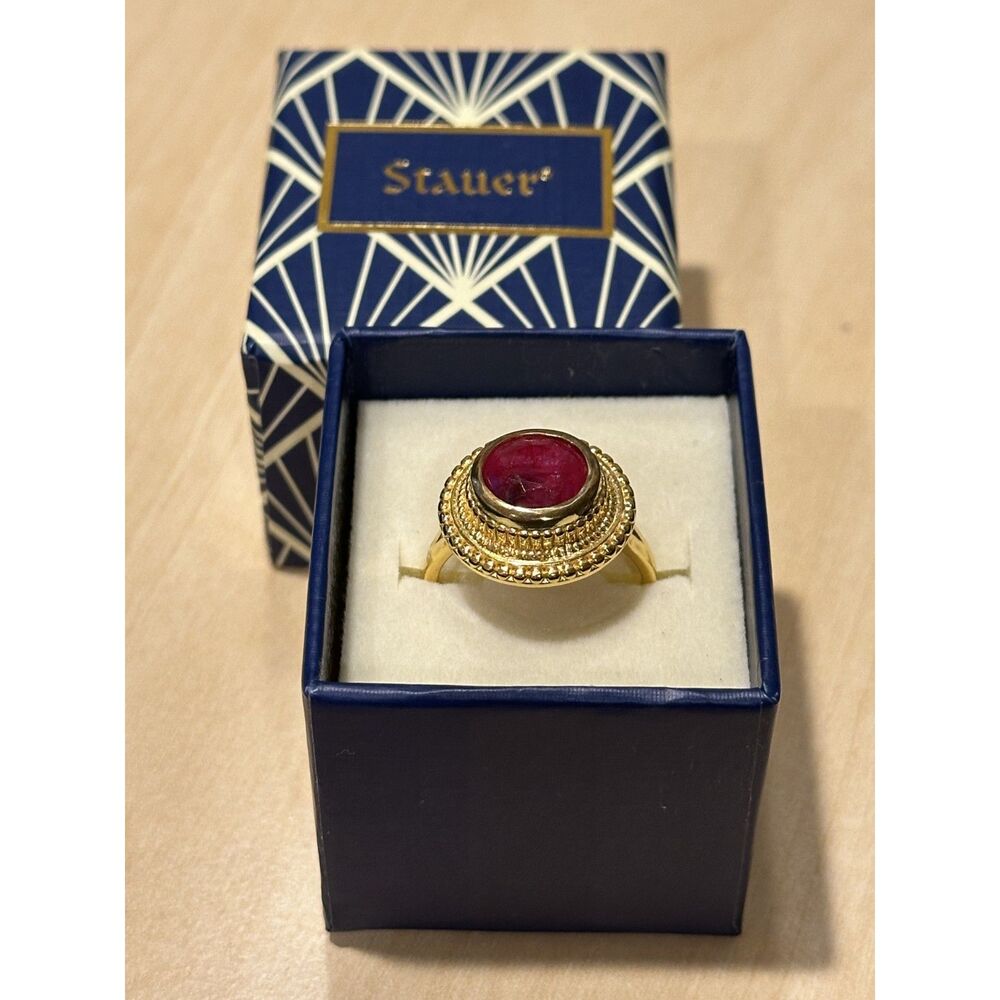 Stauer Sterling Silver S925 Gold Tone Red Solitaire Halo Statement Ring Size 9.5